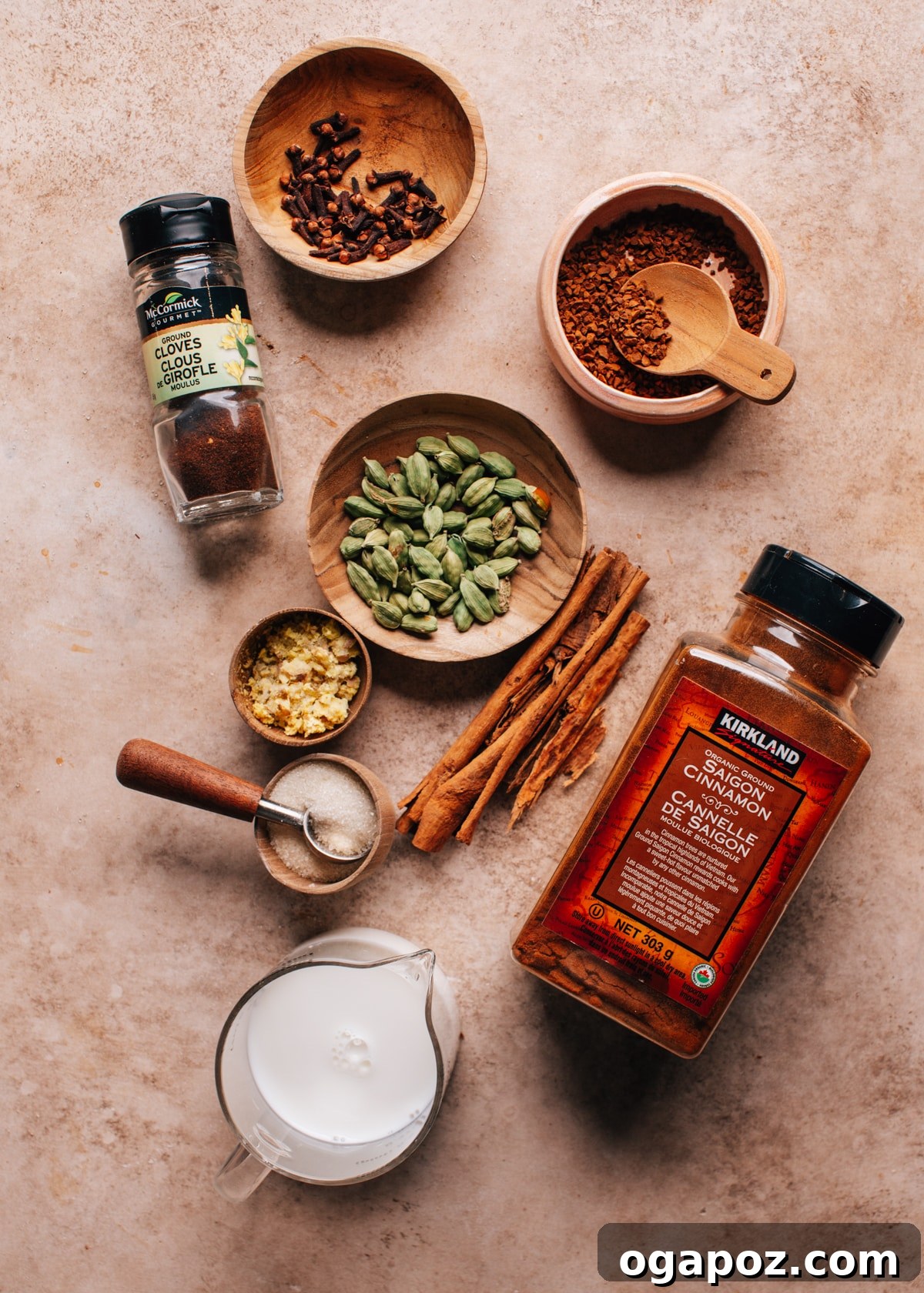 Velvet Froth Chai Coffee Delight 4 A flat lay of chai coffee ingredients including whole spices, ground spices, coffee beans, and milk.