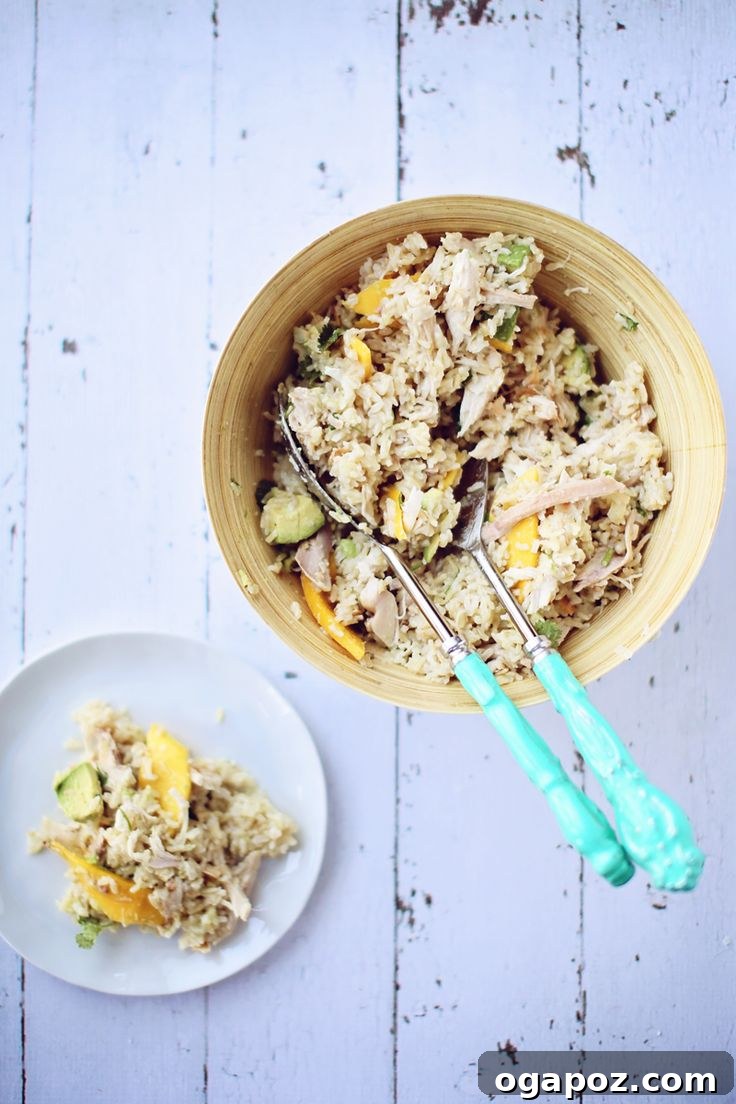 Tropical Mango Chicken Brown Rice Salad with Coconut Ginger Dressing 3 Close-up of Mango Chicken Brown Rice Salad, highlighting the colorful ingredients and creamy dressing