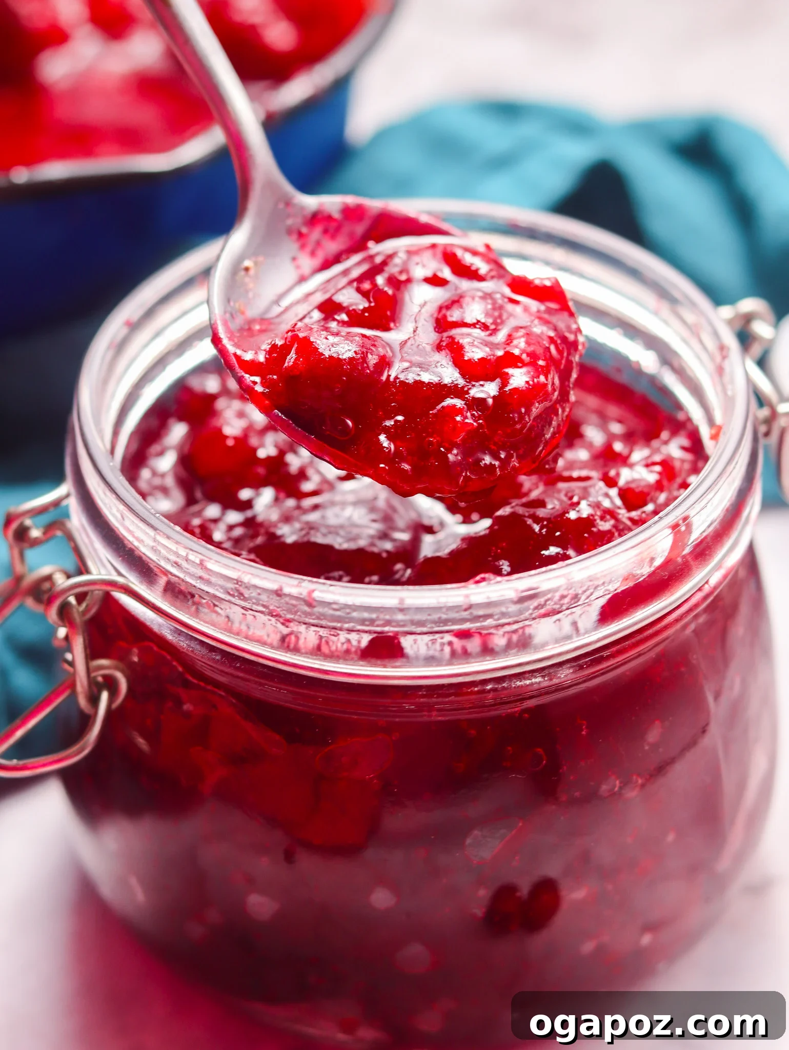 Easy Homemade Cranberry Sauce 2 Homemade Cranberry Sauce Recipe with spoon, showcasing its rich texture and color, ready for holiday serving.