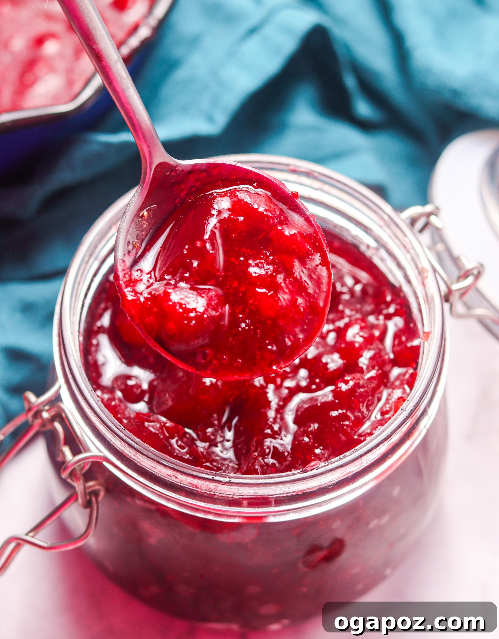 Easy Homemade Cranberry Sauce 3 Homemade Cranberry Sauce Recipe in a glass jar, featuring its appealing color and texture, with a spoon nearby.