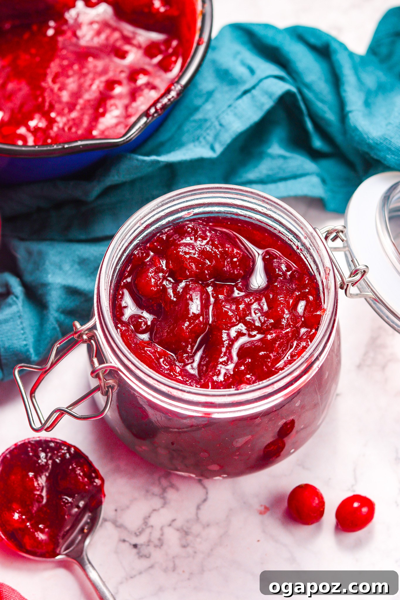 Easy Homemade Cranberry Sauce 4 Homemade Cranberry Sauce Recipe with a rustic blue napkin, emphasizing a homemade and comforting feel.