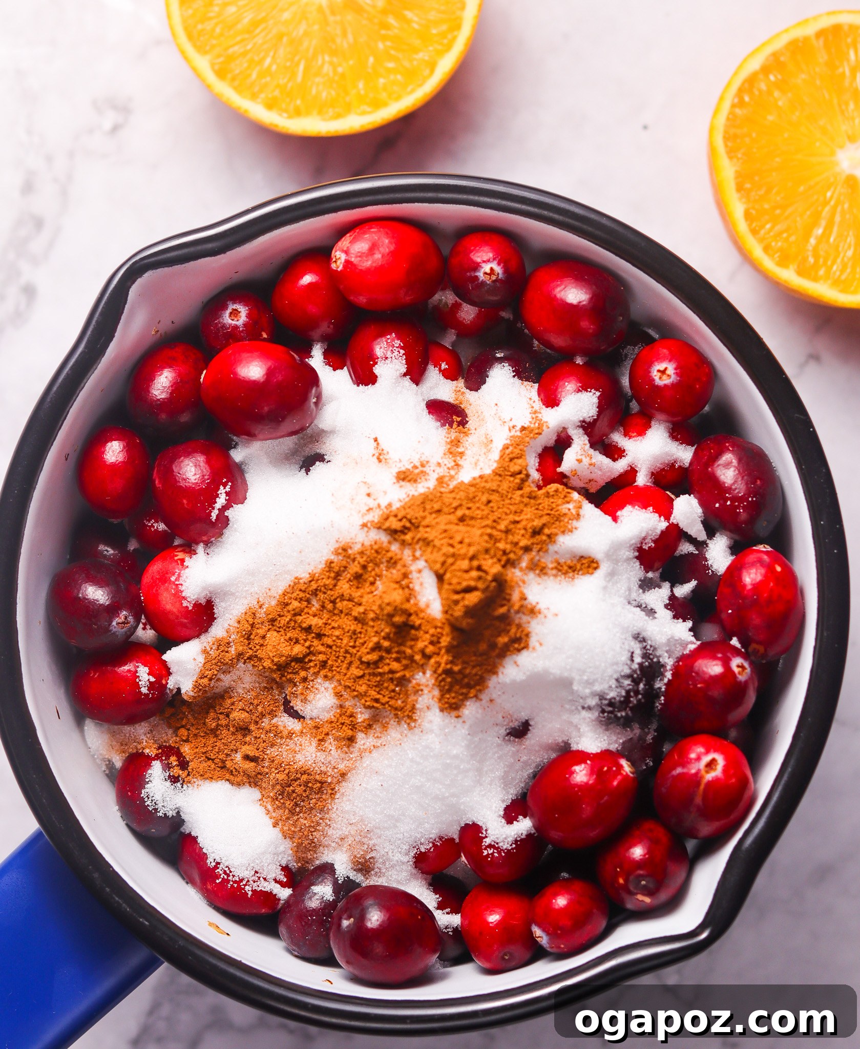 Easy Homemade Cranberry Sauce 5 Homemade Cranberry Sauce Recipe ingredients combined in a bowl, before cooking, illustrating the vibrant fresh components.