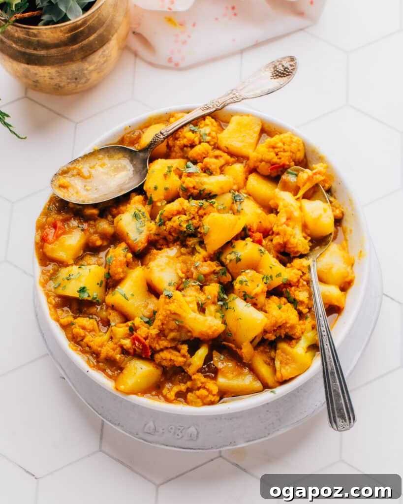 Incredible Indian Dinners Surprisingly Simple to Make 19 Aloo Gobi (Potato and Cauliflower Curry), a delightful vegetarian Indian dinner.