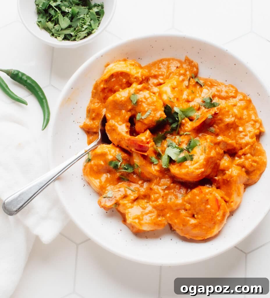 Incredible Indian Dinners Surprisingly Simple to Make 28 A serving bowl with shrimp korma with cilantro on top and a bowl of cilantro on the side, a delicate Indian dinner.