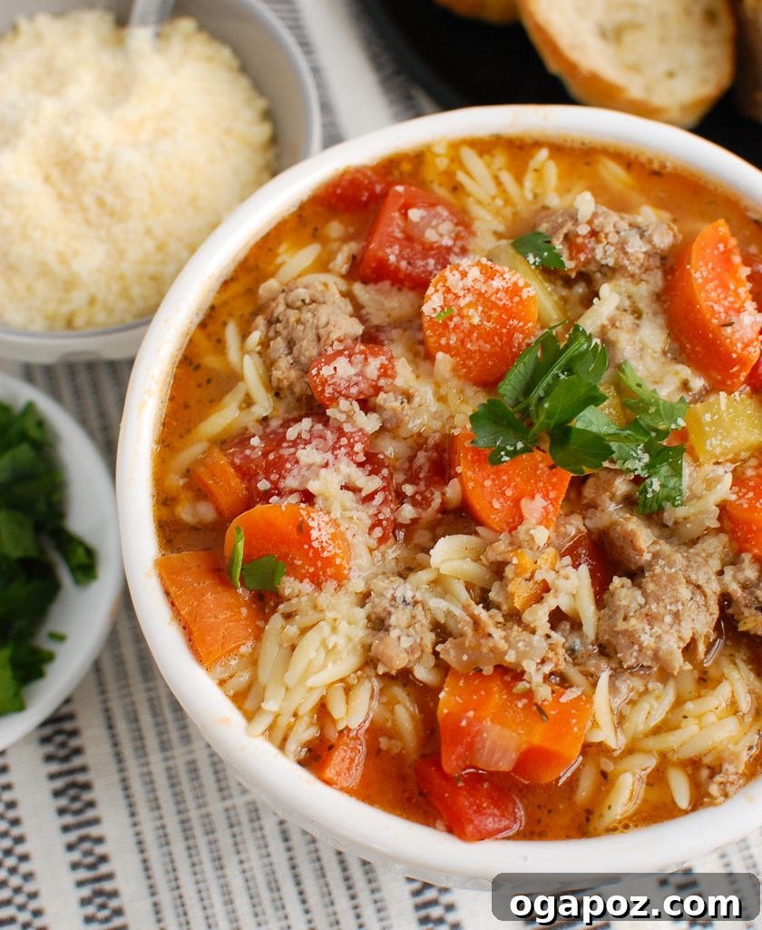 Hearty Italian Sausage Soup 3 Italian Sausage Soup garnished with fresh parsley