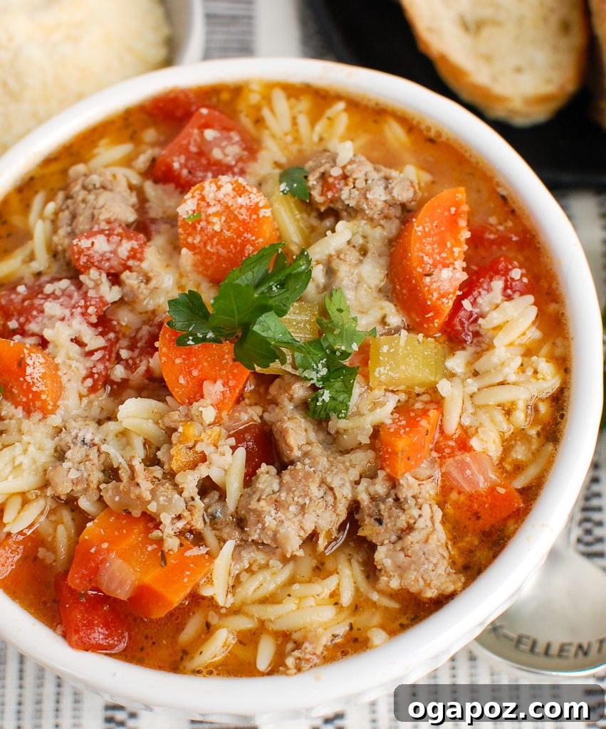 Hearty Italian Sausage Soup 4 Italian Sausage Soup topped with parmesan cheese