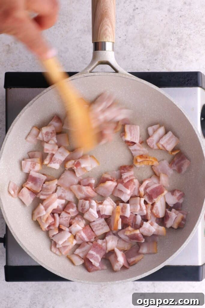 Irresistible Maple Bacon Brussels Sprouts 5 Partially cook the bacon in a frying pan.