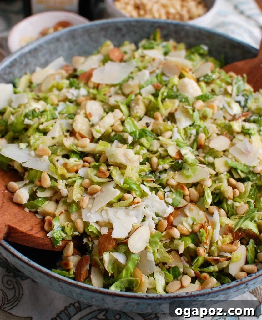 Brussels Sprout Ribbon Salad 3 Close-up shot of Shaved Brussels Sprouts Salad in a rustic blue bowl, highlighting the texture of the sprouts and the silvered almonds.