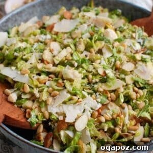 Beautifully plated Shaved Brussels Sprouts Salad, ready to be enjoyed.