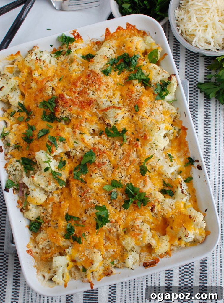 Baked Cheesy Cauliflower 2 Rich and creamy Cauliflower Gratin with fresh parsley garnish, ready for serving at a holiday get-together.