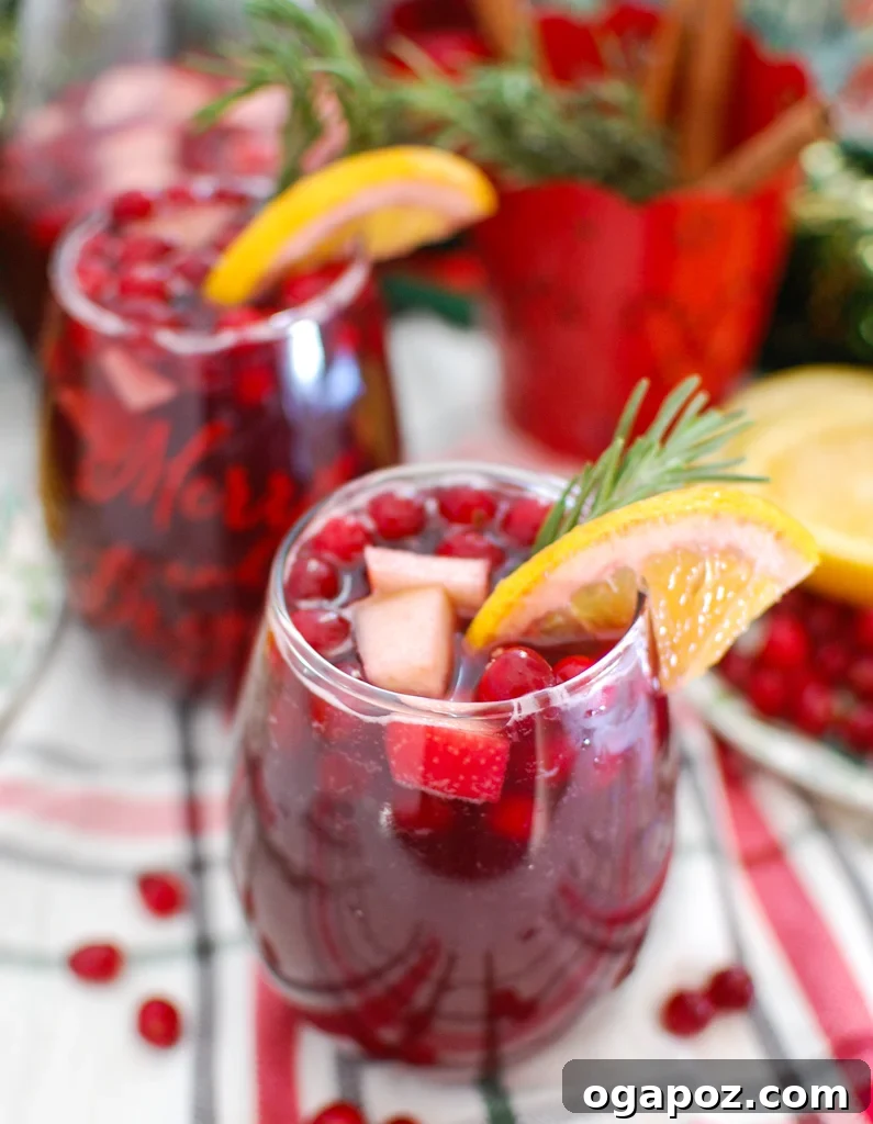 Holiday Cheer Sangria 3 Christmas Sangria garnished with orange slices and fresh cranberries