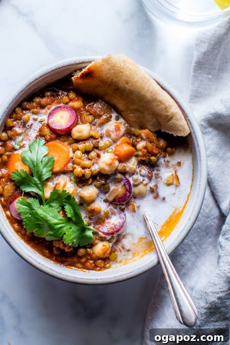 A rustic bowl of Moroccan Lentil Chickpea Stew, garnished with fresh cilantro and a dollop of yogurt, ready to be served.