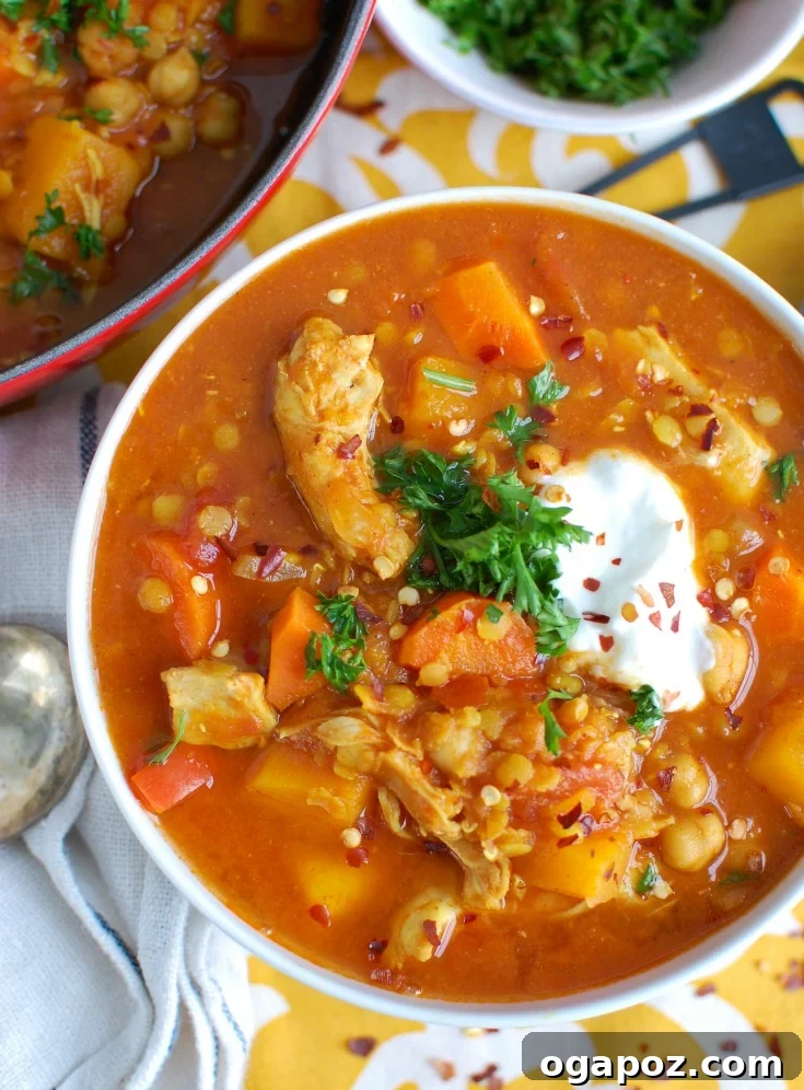 A bowl of Slow Cooker Moroccan Chicken Chickpea Soup, a hearty and healthy stew packed with protein, tender chicken, and vibrant vegetables.