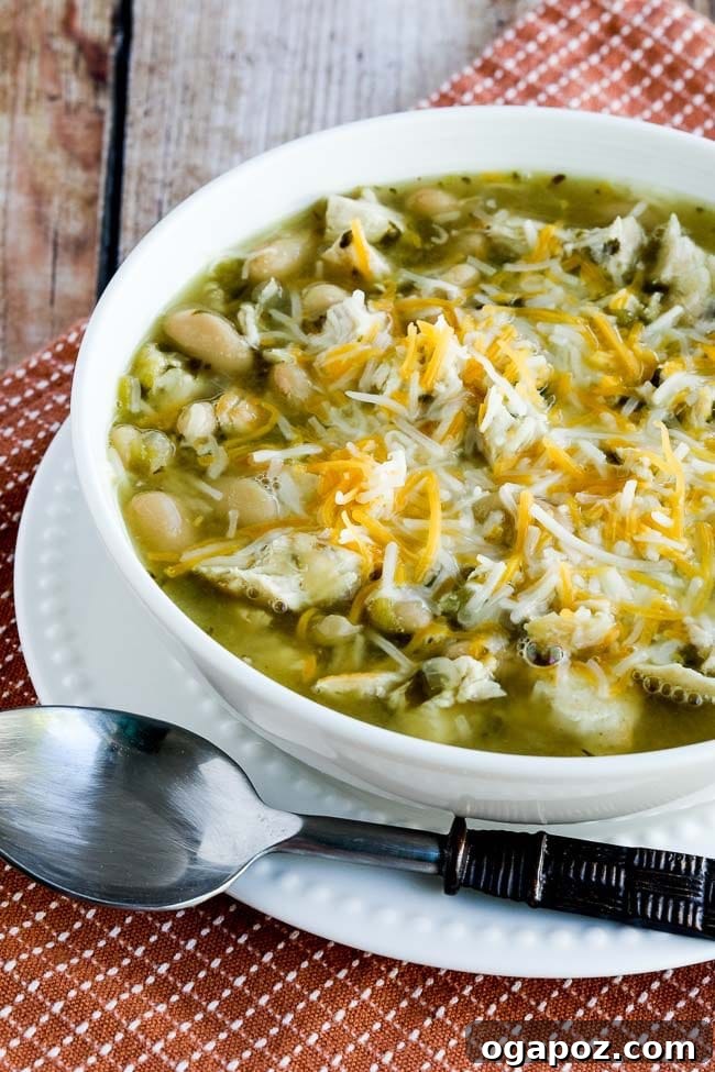 10 Ultimate Instant Pot Chili Recipes 7 A creamy bowl of Amy's Amazing White Chicken Chili, garnished with jalapeños and sour cream.