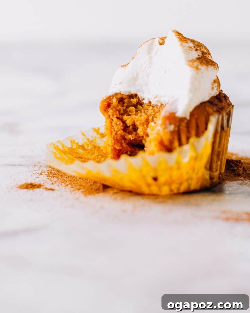 A perfectly baked sweet potato cupcake with a fluffy toasted marshmallow frosting, with a small bite taken out to reveal the moist interior.
