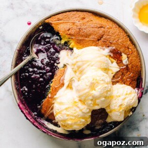 Blueberry pudding cake in a cake pan with ice cream.