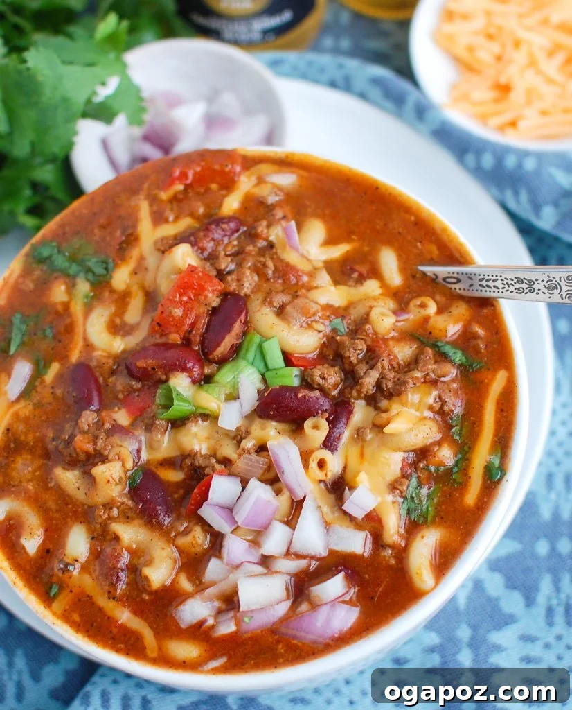 Ultimate Instant Pot Chili Mac 6 Close-up of Instant Pot Chili Mac with pasta, beans, and meat clearly visible