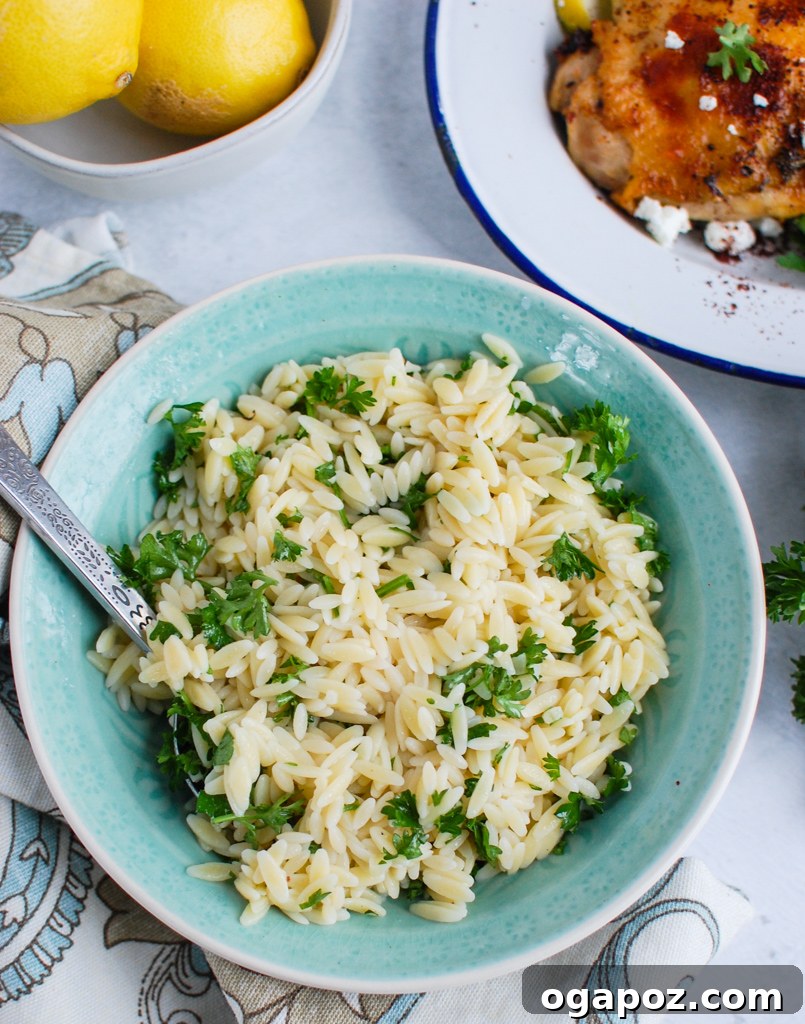 Close-up of Mediterranean Chicken served with lemon parsley orzo on a rustic white plate.