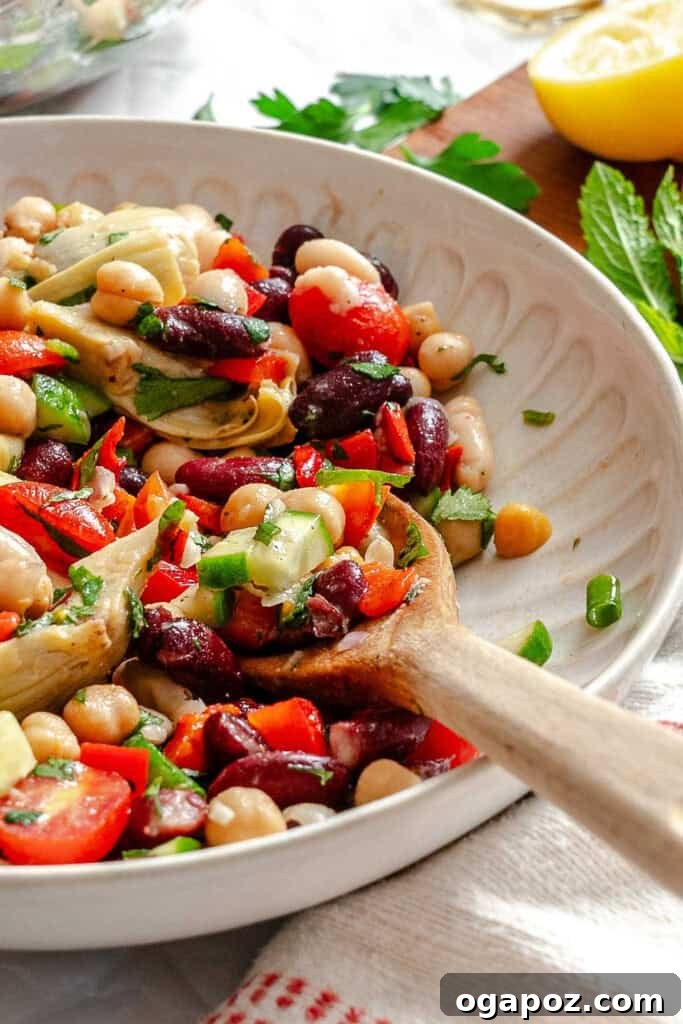 Vibrant Mediterranean Three Bean Salad 2 Mediterranean Three Bean Salad served in a rustic bowl, showcasing its vibrant colors and fresh ingredients.