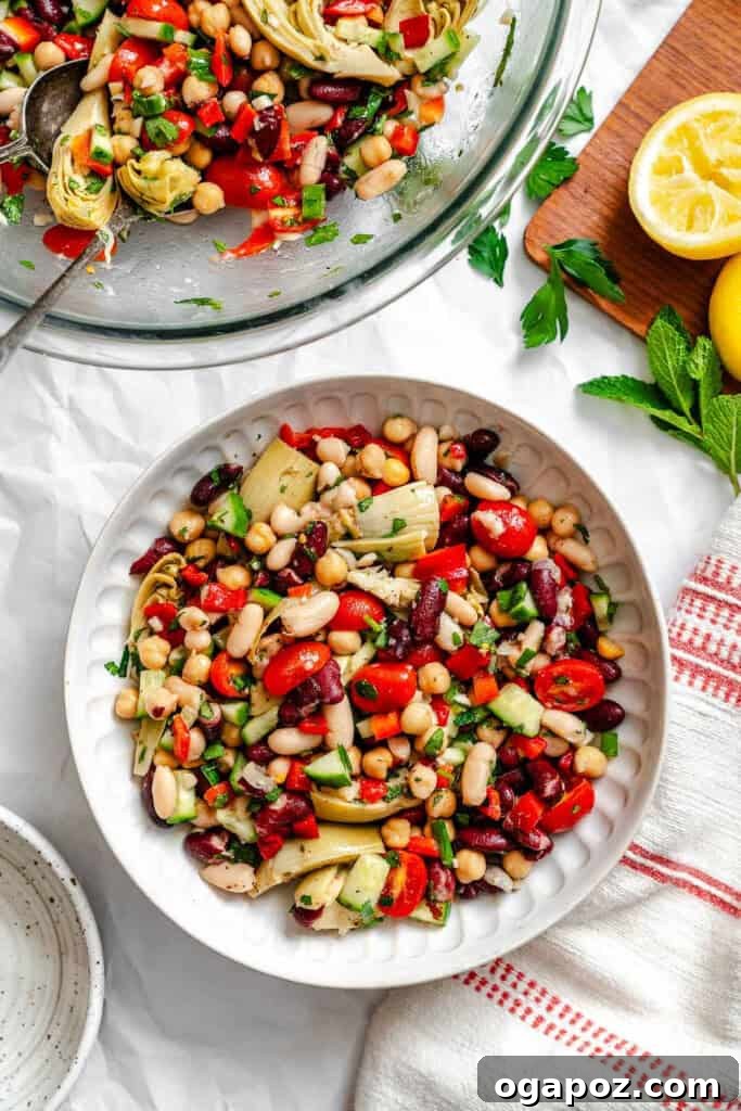 Vibrant Mediterranean Three Bean Salad 4 Close-up of Mediterranean Three Bean Salad in a bowl, showing the texture and mix of ingredients.