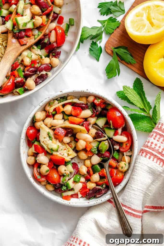 Vibrant Mediterranean Three Bean Salad 5 Mediterranean Three Bean Salad in a bowl with a serving spoon, ready to be enjoyed.
