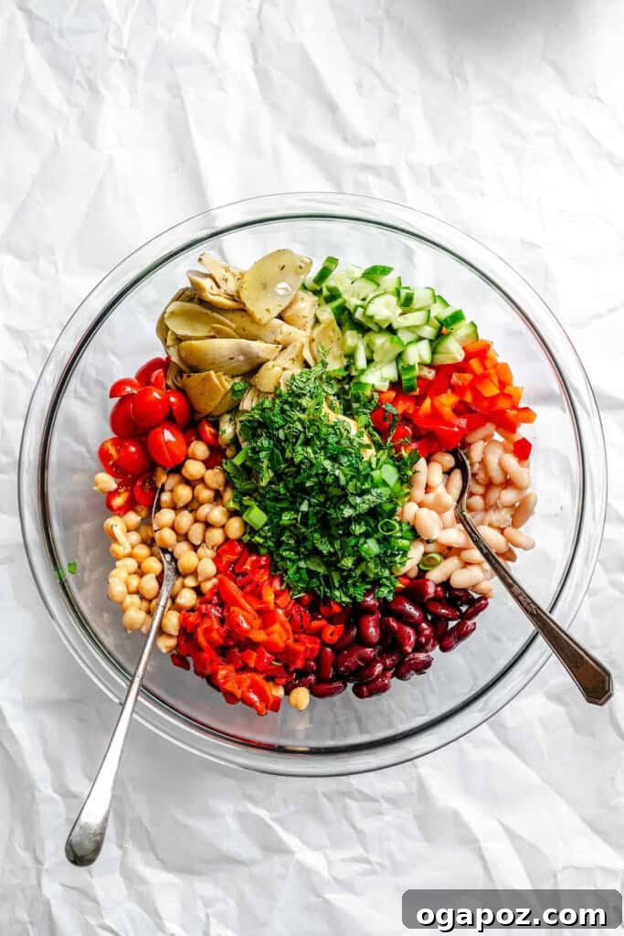 Vibrant Mediterranean Three Bean Salad 6 A large bowl filled with mixed beans and chopped fresh vegetables for the salad.