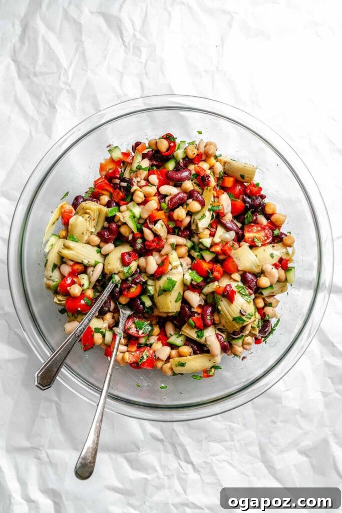 Vibrant Mediterranean Three Bean Salad 9 The finished Mediterranean Three Bean Salad artfully arranged in a large serving bowl.