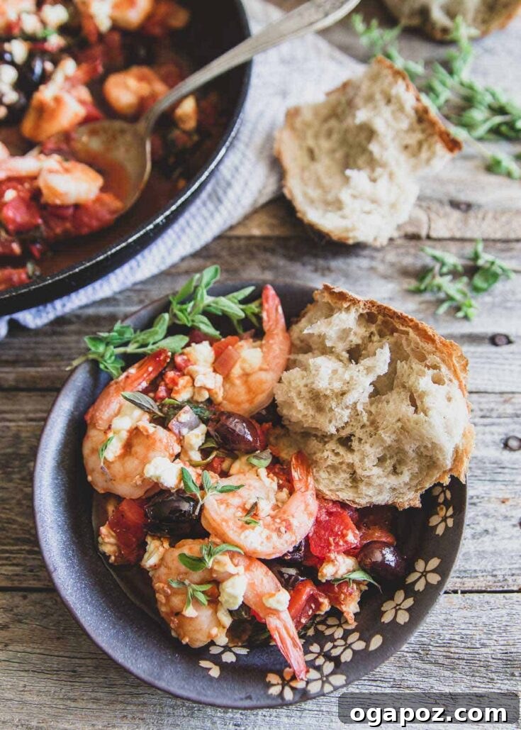 Greek Shrimp Skillet with tomatoes and feta cheese.