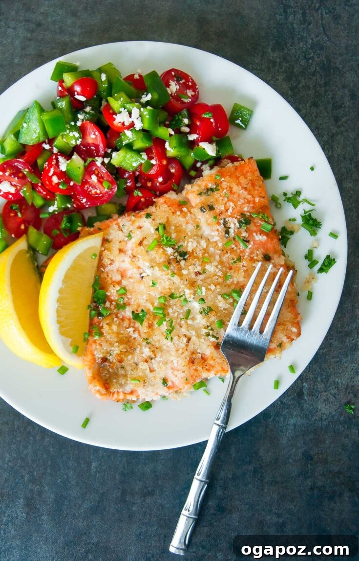 Panko Herb-Crusted Dijon Salmon with a crispy topping.