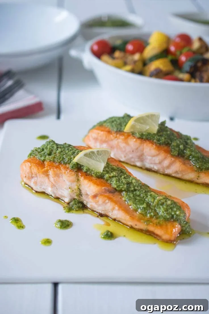 Mediterranean Lemon Pesto Salmon, topped with vibrant pesto.