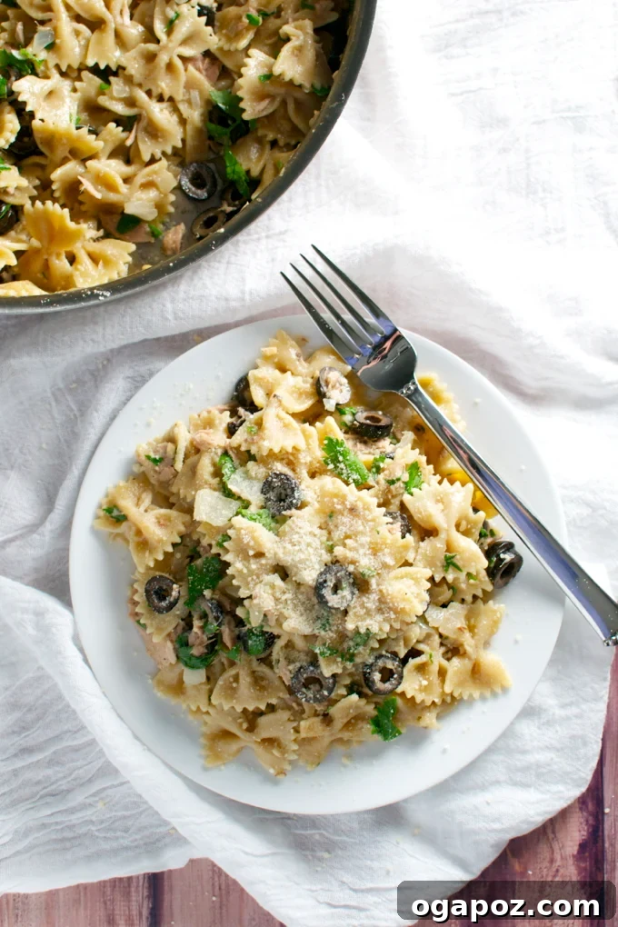 Tuna and Olive Pasta, mixed with Mediterranean ingredients.
