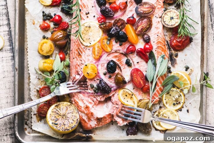 Mediterranean Sheet Pan Salmon with roasted vegetables.