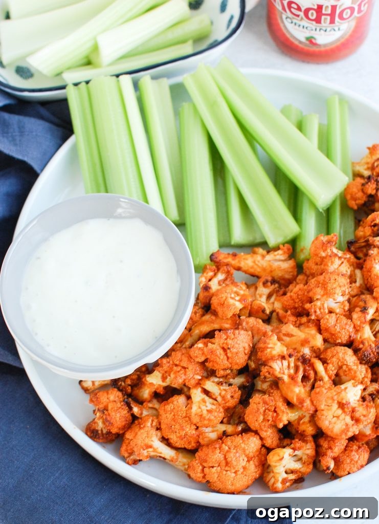 Air-Fried Spicy Cauliflower Wings 5 Air Fryer Buffalo Cauliflower with blue cheese dipping sauce and celery