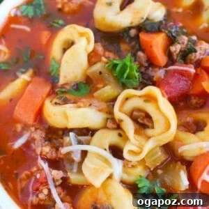 A bowl of Tortellini Sausage Soup presented in a recipe card format
