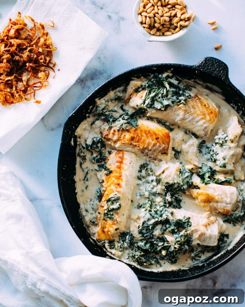 Over 37 Best Easy and Delicious Mediterranean Casserole Recipes 6 A skillet with baked fish, kale, and a luscious tahini sauce.