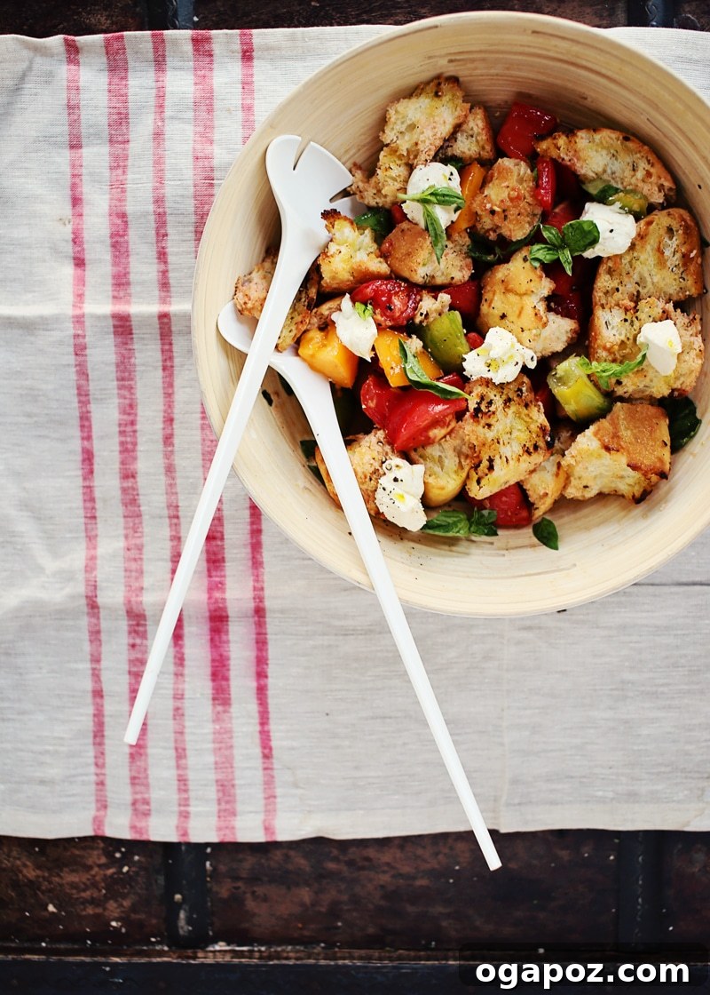 Finished panzanella salad in a bowl, ready to serve