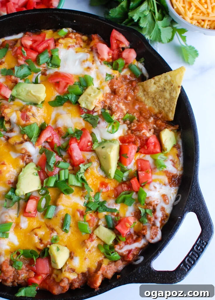 Party Perfect Beef Taco Dip 3 Close-up of a skillet filled with creamy Beef Taco Dip, garnished with fresh cilantro and diced tomatoes, surrounded by crunchy tortilla chips.