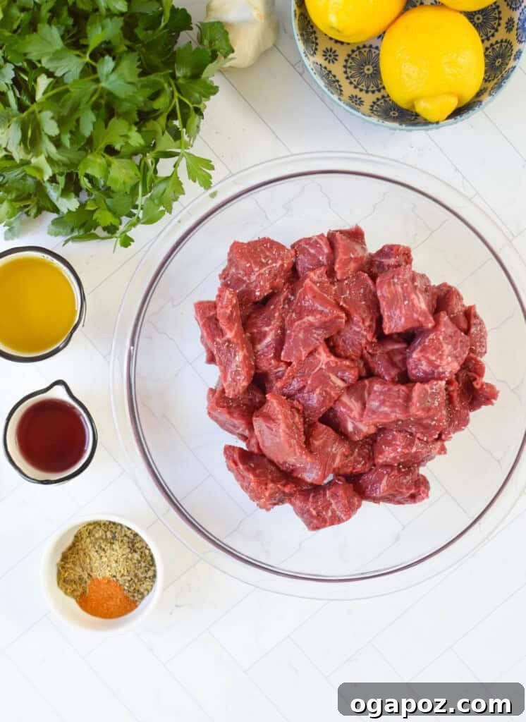 Grilled Mediterranean Beef Skewers 5 Ingredients for Mediterranean Beef Souvlaki style kabobs laid out