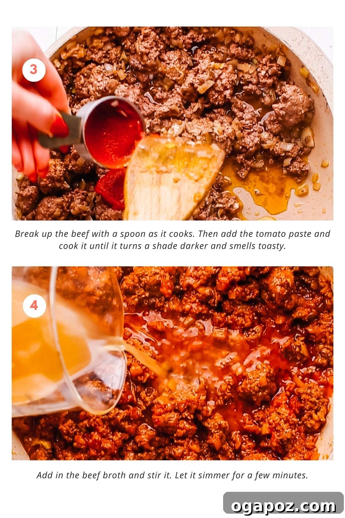 Ultimate Easy Cheeseburger Bake 5 Add tomato paste and beef broth