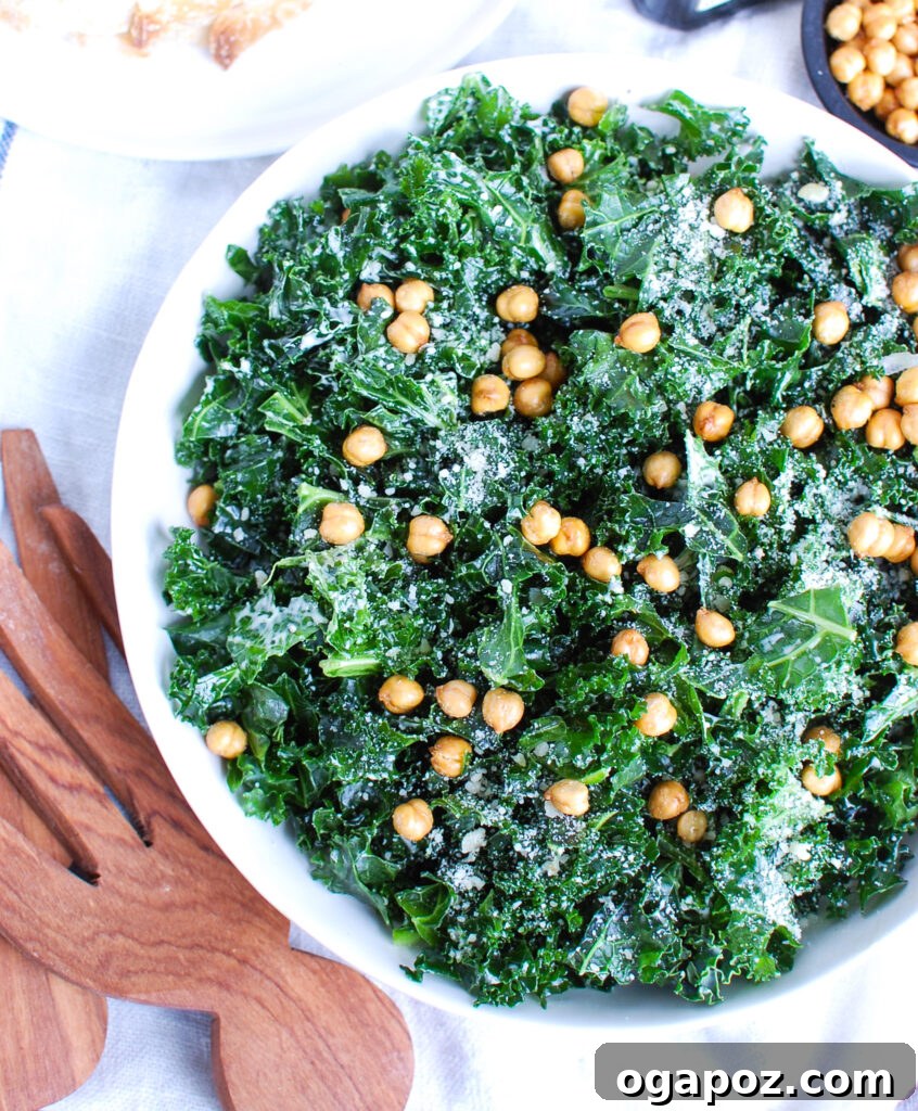 Elevated Kale Caesar 5 Close-up of Kale Caesar Salad with a generous sprinkle of freshly grated Parmesan cheese.