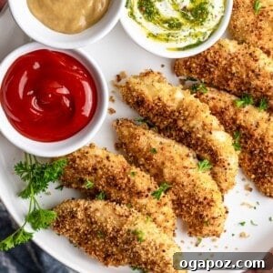 Crispy baked chicken fingers on a white plate, golden brown and ready to serve with three dipping sauces.