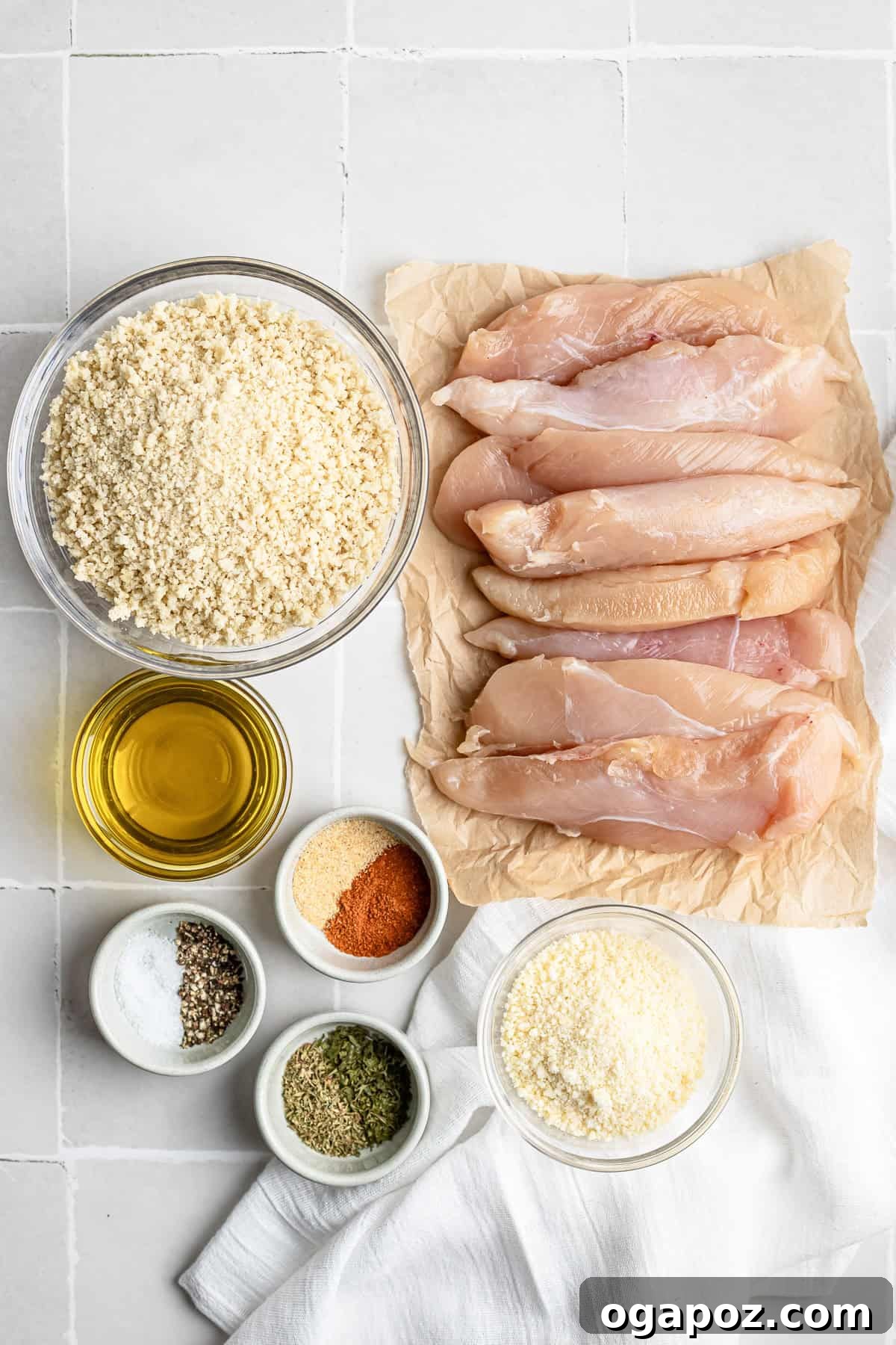 Golden Crispy Oven Baked Chicken Tenders 3 Ingredients for baked chicken tenders: chicken, panko, parmesan, and seasonings.