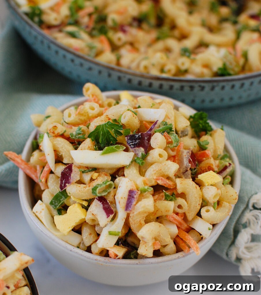 Creamy Macaroni Egg Salad 6 The Best Macaroni Egg Salad presented beautifully in a small white bowl