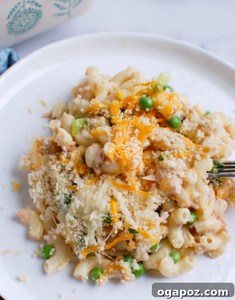 Quick and Creamy Tuna Noodle Bake 2 Easy Tuna Noodle Casserole on white plate