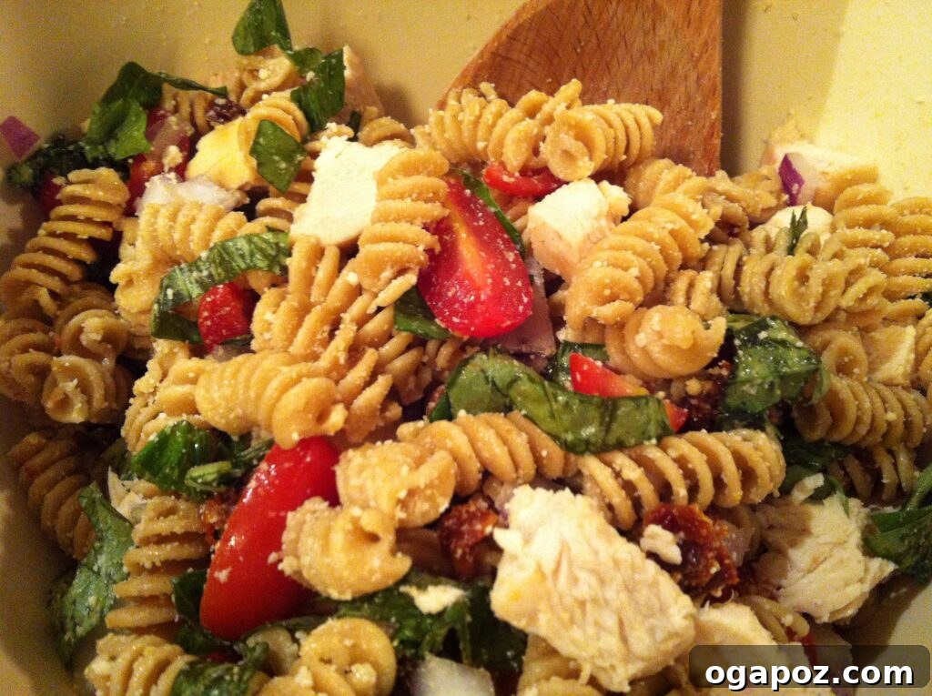 Ready Pasta Salad Finished Bistro Chicken Pasta Salad in a large bowl