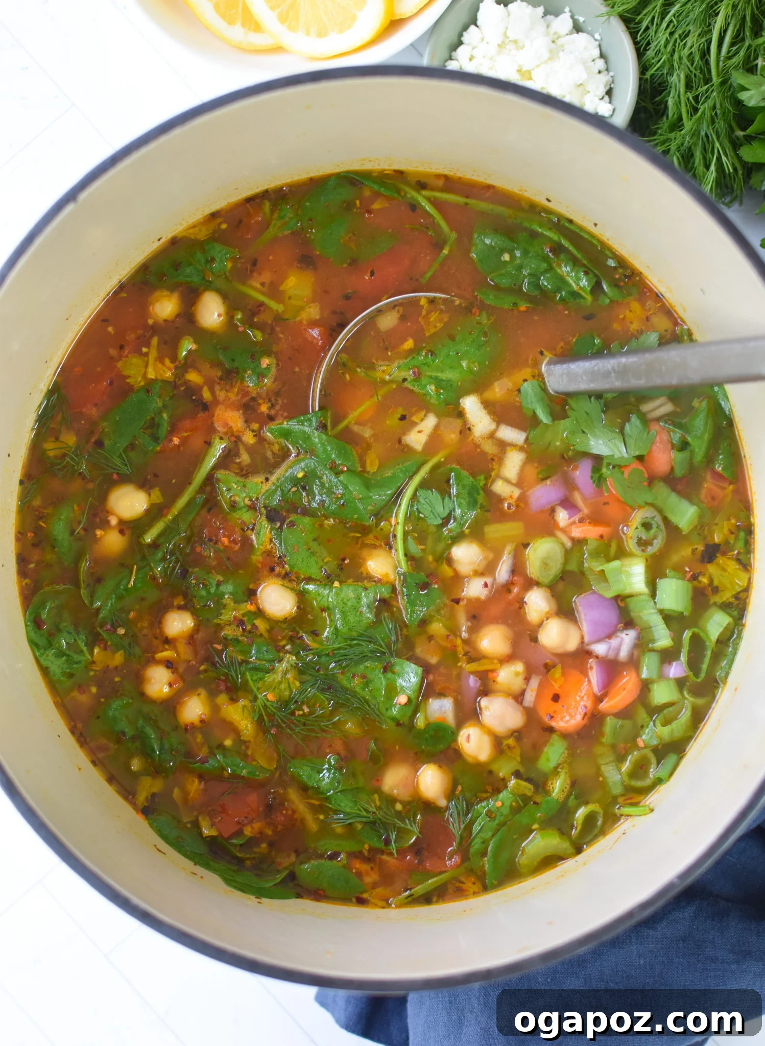 One-Pot Chickpea Comfort 9 A ladle in a pot of Garbanzo Bean Soup, showing the readiness for serving.