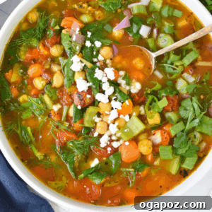 Beautifully plated Garbanzo Bean Soup, ready to be enjoyed.