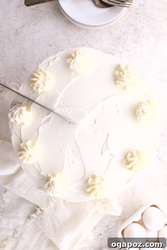 Velvet Vanilla Masterpiece 3 vanilla moist cake being cut by a knife, revealing its tender crumb