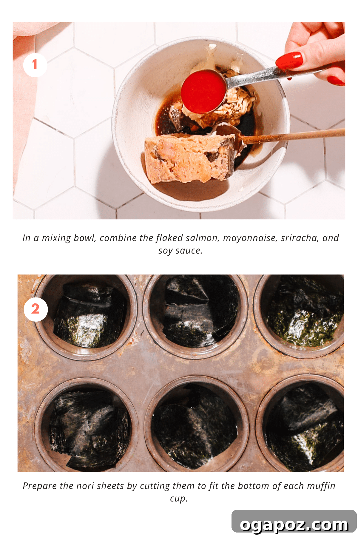 Step-by-step images showing the process of making baked salmon rice muffins, from preparing the rice to assembling the cups.