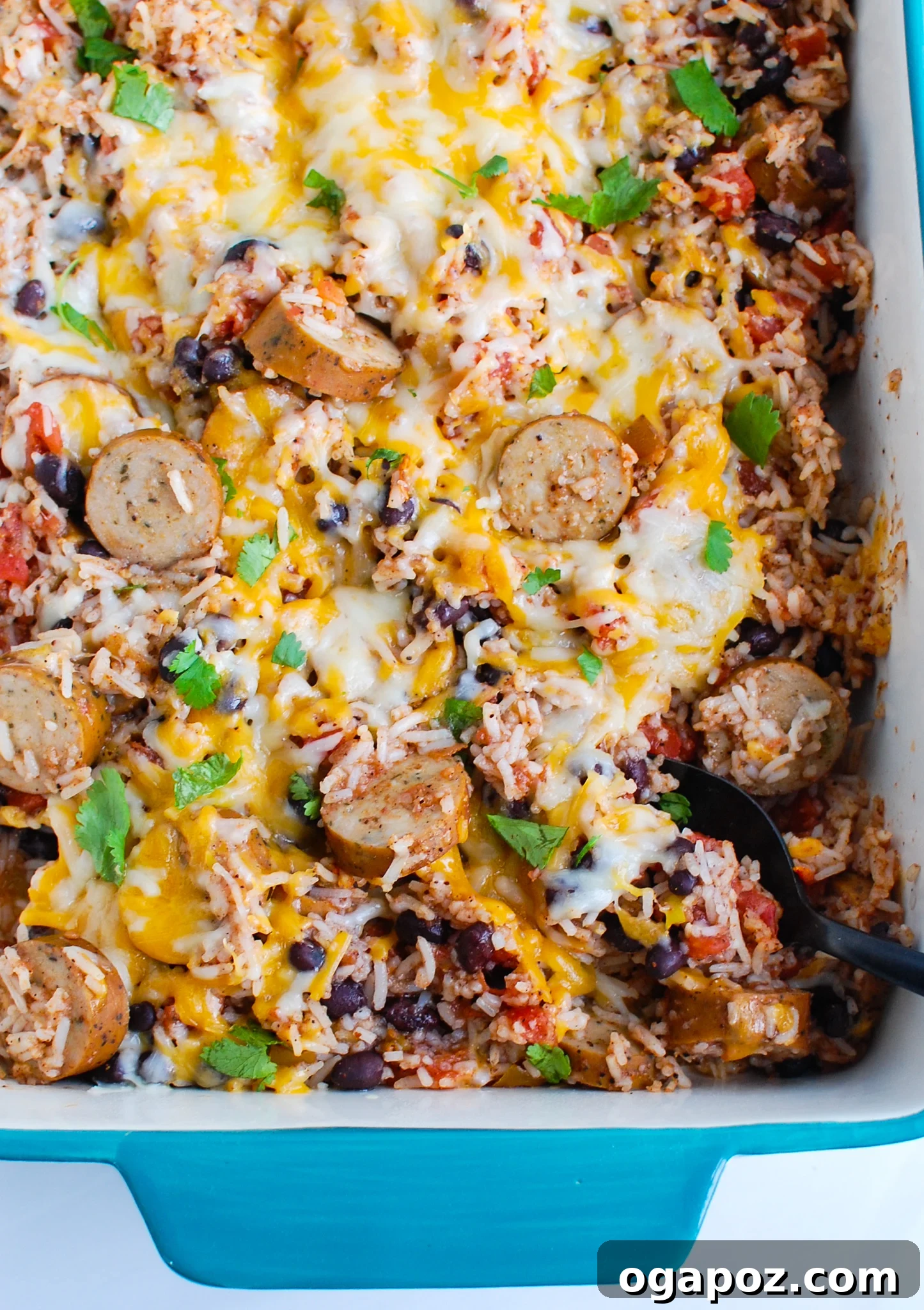 Hearty Sausage and Bean Casserole baked in a large casserole dish, ready for serving.